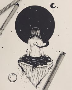 a drawing of a woman sitting on top of a floating island with the moon in the background