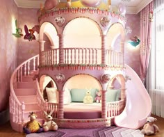 a room with pink walls and furniture in the shape of a doll's house