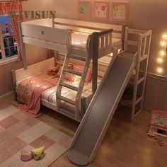 there is a bunk bed with a slide in the room