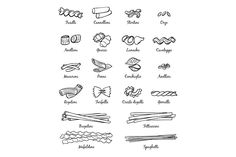 the different types of pasta on a white background, including noodles and breadsticks