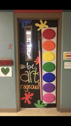 a door decorated with different colors and shapes