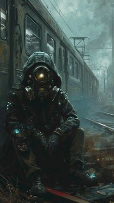 a man in gas mask sitting on the ground next to train tracks and looking at his cell phone