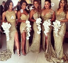 the bridesmaids are all dressed in gold gowns with white flowers on them