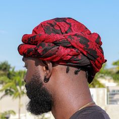 Red Flower Male Turban Made out of stretchable material. Cool on the head and also can be used to lay down hair. Can be styled it multiple ways. Arrives in 96x24 inches in length material which means you would have to tie it to your fitting on your head! WASH BEFORE USE. COLD WATER WASH THEN AIR DRY! How to tie? Watch This Quick Video! https://www.youtube.com/watch?v=7vBSvOsq6Ac Head Wraps For Men, Men Head Wraps, Turban Style Mens, Head Scarf For Men, Mens Head Wrap, Men Turban, Turban For Men, Turban Men, Silk Turban