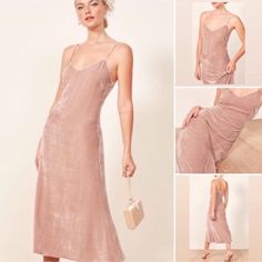 Reformation Gaia Velvet Slip Dress. This Is A Relaxed-Fitting, Velvet Slip Dress With A Slight V-Neckline And A Center-Back Zipper. Midi Length. Open Upper Back. Strapless Bra Friendly. Unlined. - Approx. Length: 51", Pit To Pit 15.5" - Rayon, Silk - Color: Blush/Dusty Pink - Color May Vary Slightly Due To Lighting. The Model Picture Accurately Depicts Color - Condition: Preowned And In Good Condition Pink V-neck Midi Dress With Bias Cut, Pink V-neck Slip Dress For Loungewear, Reformation Merel Velvet Dress, Pink Midi-length Bias Cut Slip Dress, Velvet Slip Dress, Reformation Dress, Strapless Bra, Model Pictures, Dusty Pink