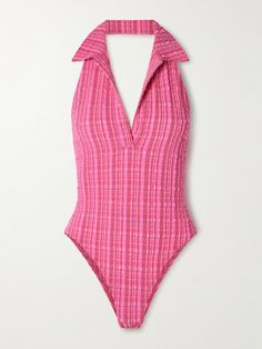 Lisa Marie Fernandez often looks to bygone eras for inspiration - this swimsuit draws on '70s tennis tops. It's made from striped seersucker and has a polo collar and plunging neckline. Wear yours to the pool or as a bodysuit with jeans. Pink Swimsuit Outfit, 80s Bikinis Vintage, 70s Swimwear, 70s Swimsuit, Chic Beachwear, 70s Tennis, Bodysuit With Jeans, Bathing Suit Designs, Swimwear One Piece