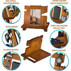 an assortment of wooden items including cell phone, wallet and watch holder with instructions on how to use them