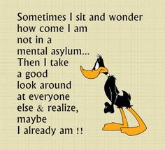 a cartoon duck with the words, sometimes i sit and wonder how come i am not in