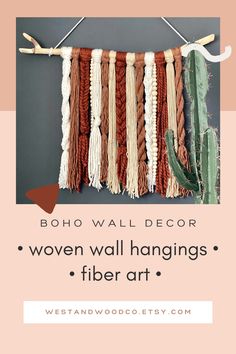 the boho wall decor with text overlay that reads boho wall decor woven wall hangings fiber art