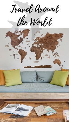 a living room with the words travel around the world on it