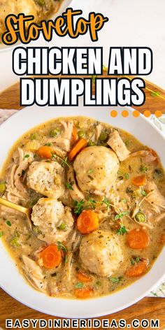 chicken and dumplings recipe in a white bowl with chopsticks on the side