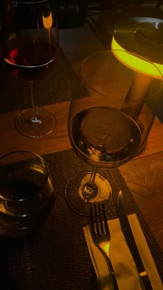 a glass of wine sitting on top of a table next to a knife and fork