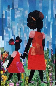 an altered collage of two women holding hands in front of a blue sky and flowers