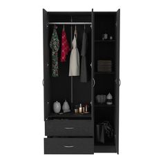 an open wardrobe with clothes hanging on it