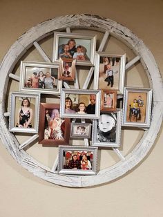 a circular white frame with many pictures on it