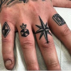 a hand with three different tattoos on it