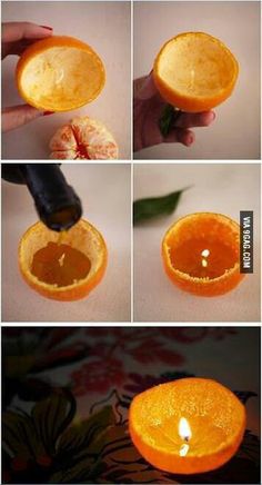 an orange is being peeled and put into a bowl with a candle in it to light up