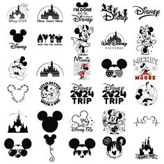 the disney world logo is shown in different styles and sizes, including mickey mouse ears