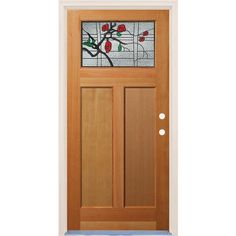 a wooden door with stained glass on the side