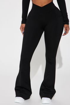 Available In Black And Brown. Crossover Waist Band Full Length Super Soft Medium Impact Flare Pocket(s) Stretch Pair / Mix And Match With "Amara Active Top" Shell: 75% Nylon 25% Spandex Imported | Amara Active Leggings in Black size Medium by Fashion Nova Cropped Jersey, Clothing Finds, Outfit References, Black Flare, Yoga Set, Tops And Bottoms