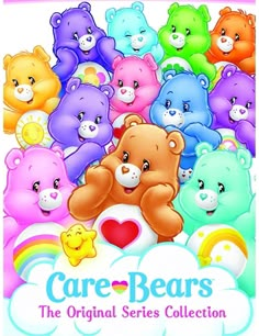 there are many different colored teddy bears on the cloud with care bears written below them