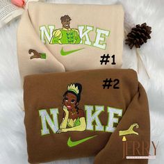 Disney Nike Embroidered Sweatshirt - Tiana and Naveen Princess and the Frog - Perfect Valentines Day Gift for Couples Nike Embroidered Sweatshirt, Disney Nike, Princesa Tiana, Princess And The Frog, Princess Tiana, Cartoon Gift, Cartoon Embroidery, Halloween Cartoons