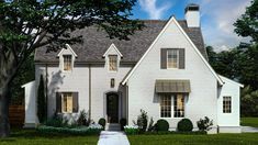 a rendering of a white brick house with trees and bushes in front of the house