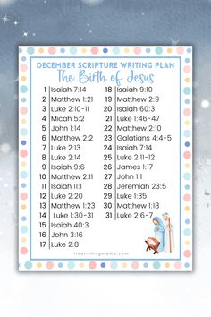 a printable december scripture writing plan for the birth of jesus is shown in blue and white