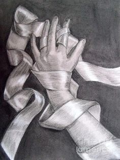 a pencil drawing of a hand with a ribbon around it's wrist and two hands wrapped in satin ribbons