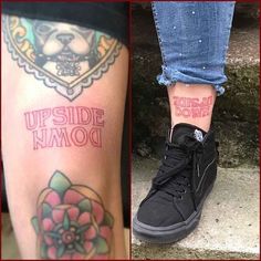 two different tattoos on the legs of people