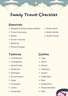 the family travel checklist is shown in blue and white, with clouds above it