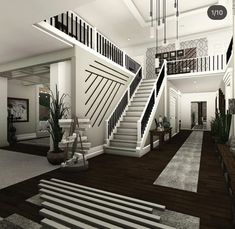 a large open floor plan with stairs and potted plants in the center, along with a staircase leading up to the second floor