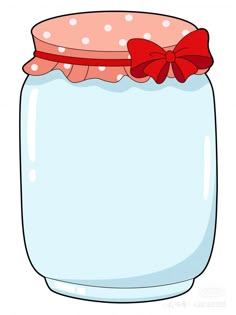 a mason jar with a red bow on the top and white polka doted lid