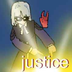 a cartoon character with the words justice in front of him and his hand raised up