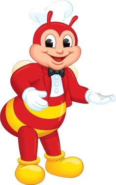 a cartoon character dressed in red and yellow, with his arms out to the side