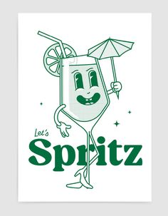 a poster with the words spritz and an image of a cartoon character holding an umbrella