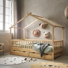 a child's room with a bed and toys