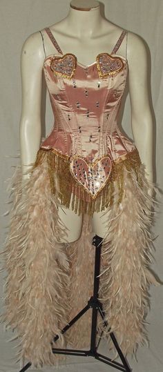 Custom made to measure theatre/ burlesque/ fancy dress/ couture/ costume. Fully steel boned pink/ blush corset with hearts and beading detail, and knickers in same/similar colour and fabrics, feather bustle in pale pink. Blush pink-peach taffeta, feather fabric is hand embellished Burlesque Fancy Dress, Satine Moulin Rouge, Feather Bustle, Moulin Rouge Costumes, Cabaret Costume, Burlesque Outfit, Feather Fabric, Vintage Burlesque, Burlesque Costumes