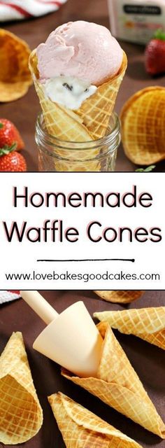 homemade waffle cones with strawberries in the background