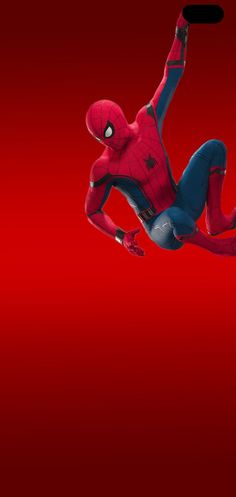 a spider man flying through the air in front of a red background