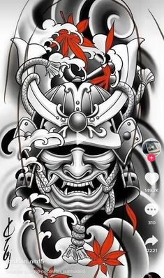 Yakuza Style Tattoo, Tato Irezumi, Samurai Mask Tattoo, Japanese Warrior Tattoo, Japanese Mask Tattoo