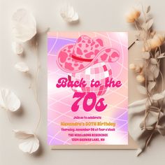 a pink and purple birthday card with the words back to the 70's on it