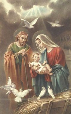 a painting of jesus and mary holding a baby in their lap with two doves