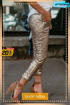 Casual Sequin Elastic Waist Pants Gold Sequin Pants, Glitter Leggings, Work Pants Women, Slacks For Women, Sequin Pants, Belted Pants, Elastic Waist Pants, Joggers Womens, Waist Pants