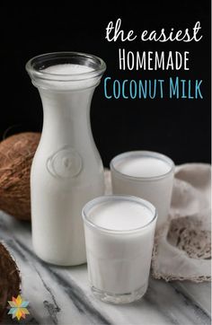 two glasses and a bottle of coconut milk