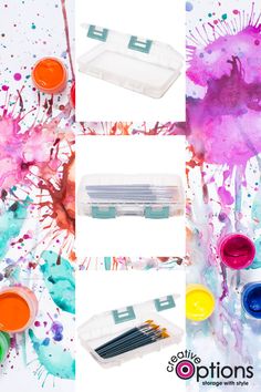 an assortment of paint brushes and paints in plastic containers with watercolor splatters