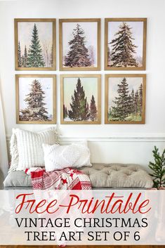 the christmas tree is in front of four pictures on the wall with text overlay that reads free printable vintage christmas tree art set of 6