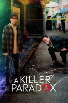 a movie poster for a killer in the box starring two men standing next to each other