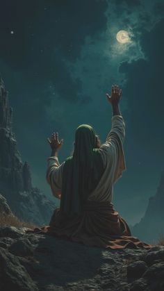 a person sitting on top of a mountain under a full moon filled sky with their hands up