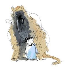 a child standing next to a large animal on a white background with black and brown ink